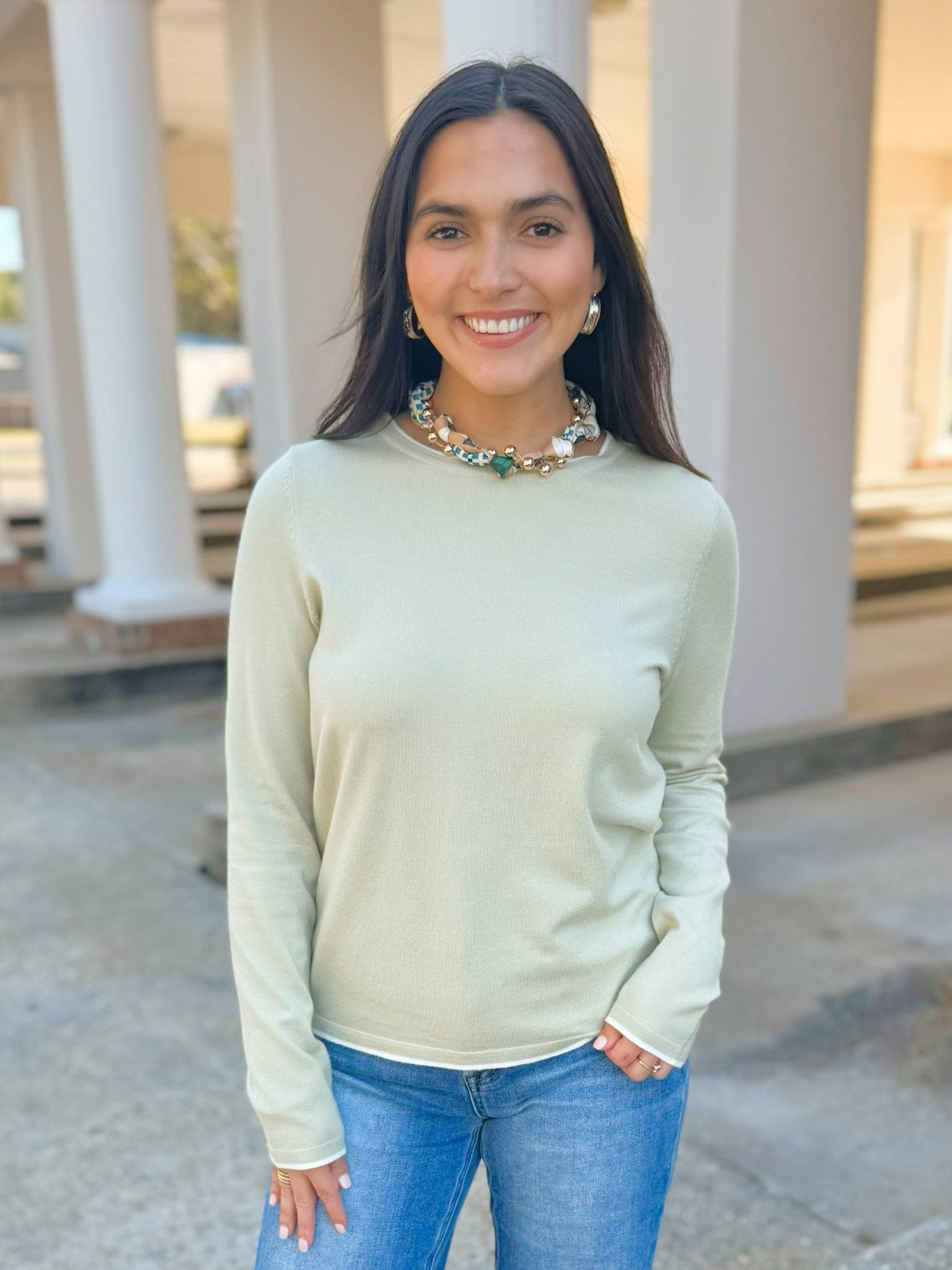 Sage Serenity Contrast Trim Sweater - Jessi Jayne Boutique