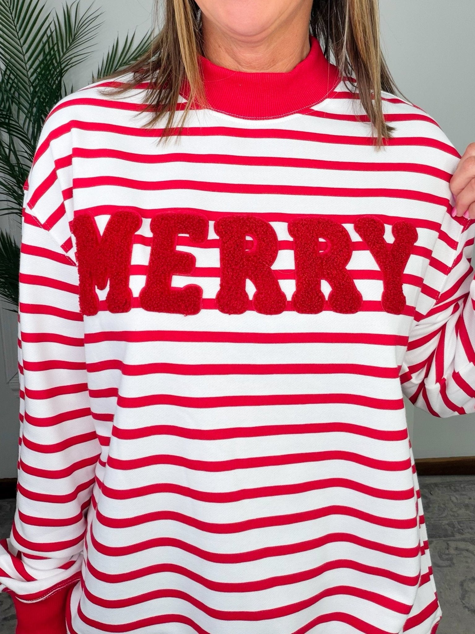 Candy Cane Stripe Merry Chenille Oversized Pullover - Jessi Jayne Boutique