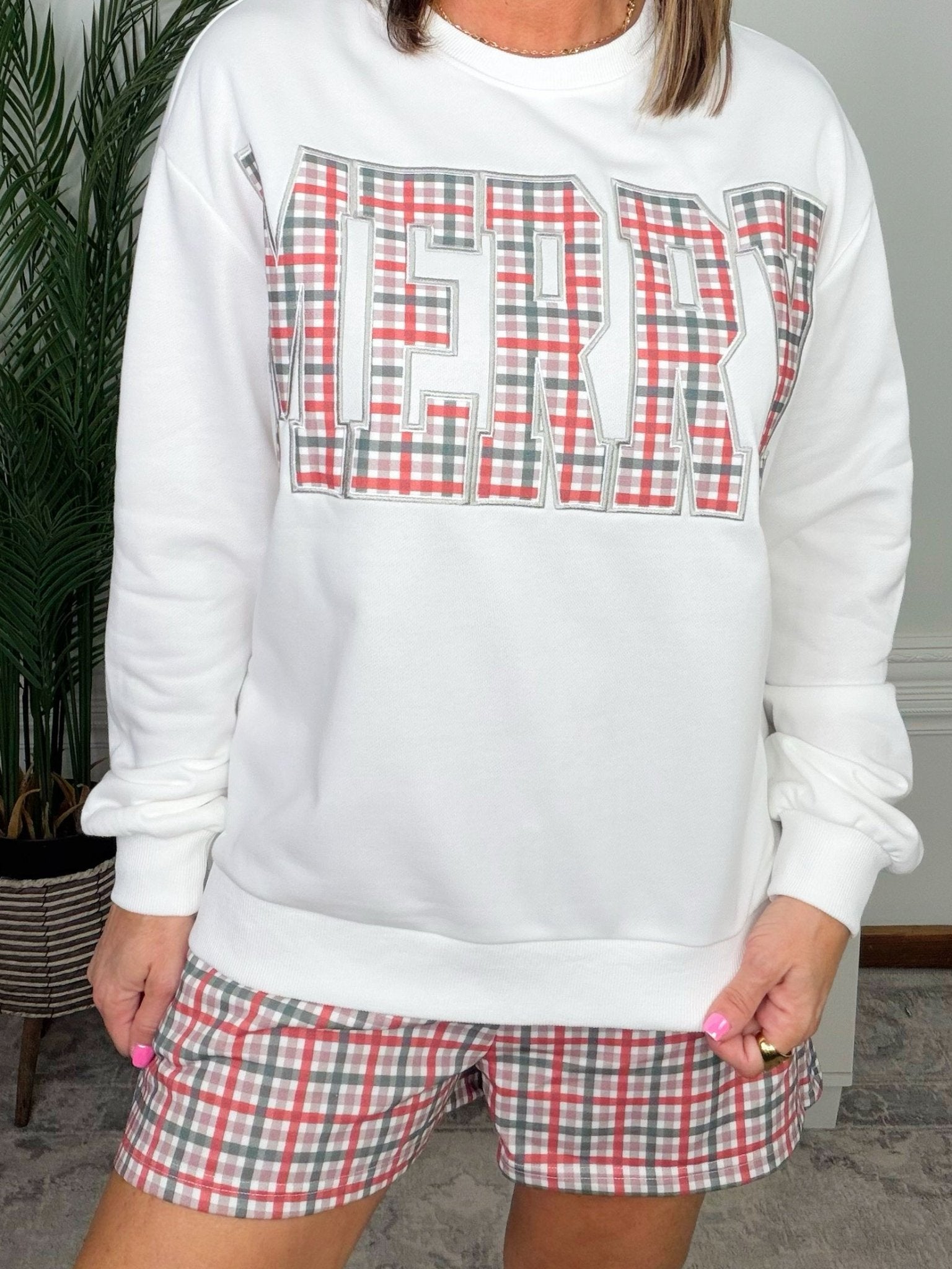 Plaid Tidings MERRY Sweatshirt and Shorts Lounge Set - Jessi Jayne Boutique