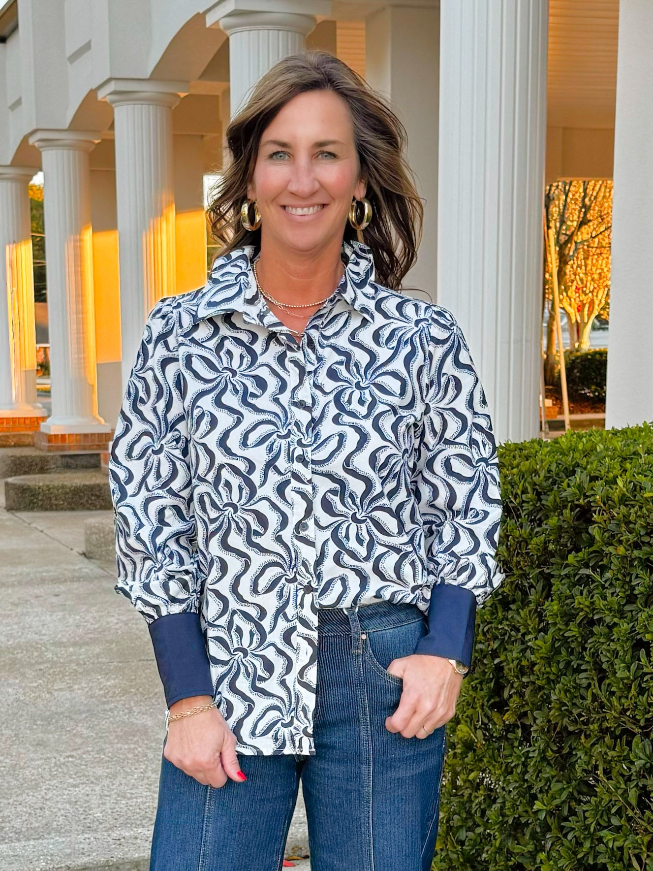 Indigo Wave Print Blouse - Jessi Jayne Boutique