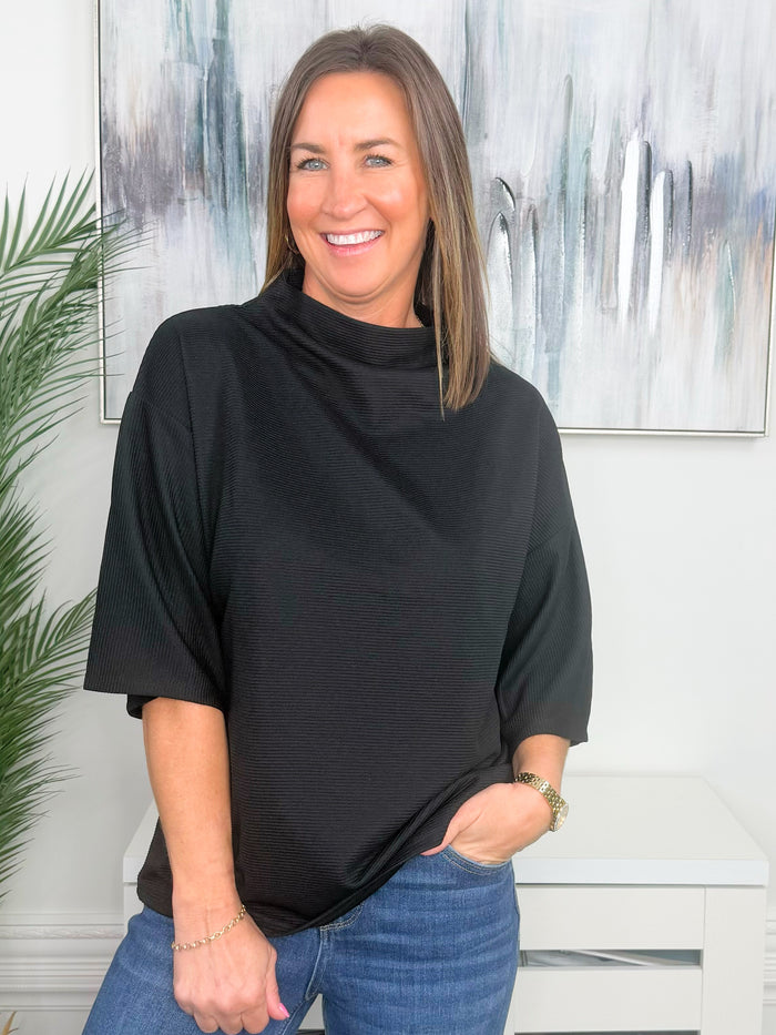 Sleek and Simple Black Mock Neck Short Sleeve Top