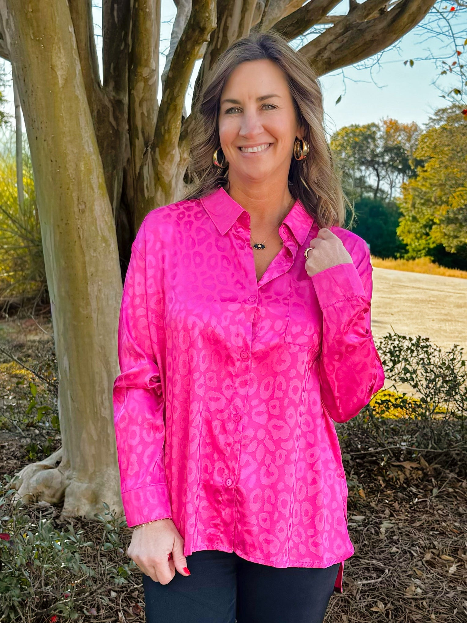 Emery Satin Leopard Blouse Pink - Jessi Jayne Boutique