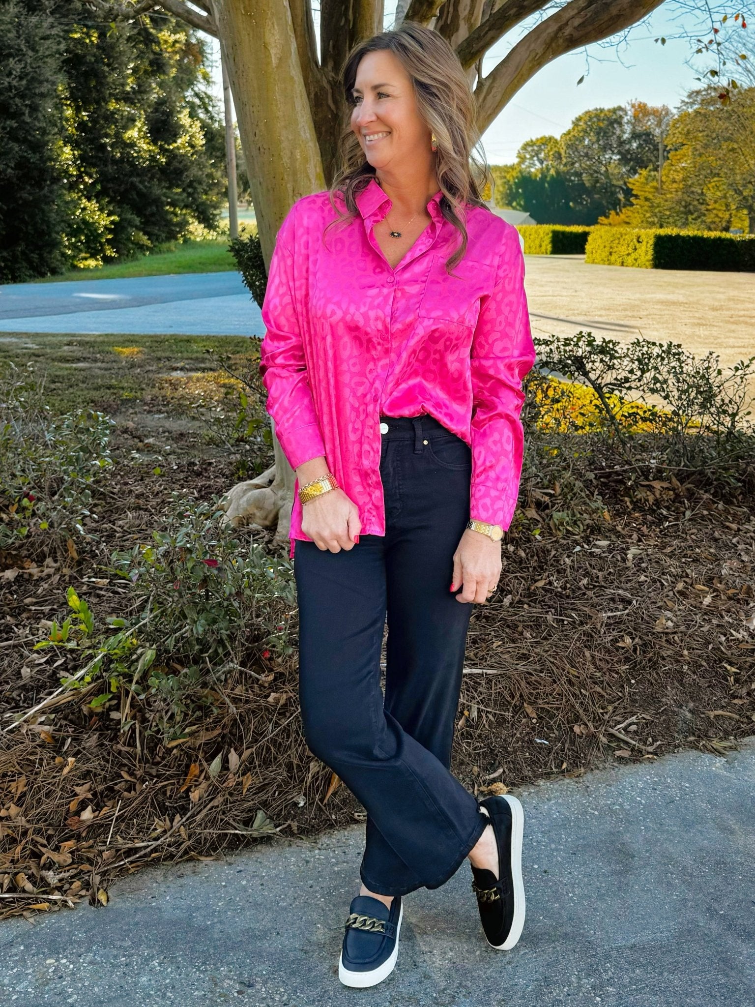 Emery Satin Leopard Blouse Pink - Jessi Jayne Boutique
