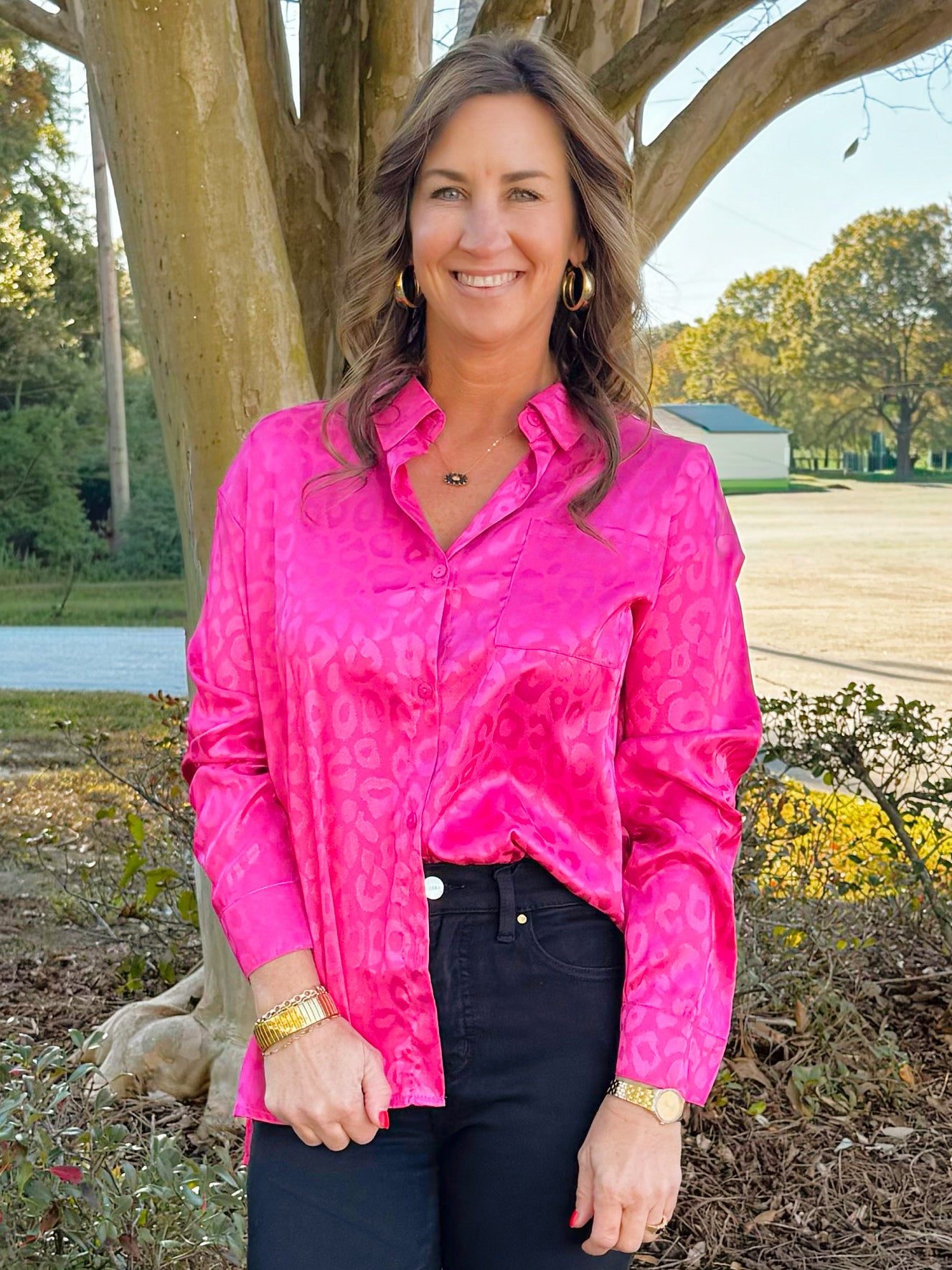 Emery Satin Leopard Blouse Pink - Jessi Jayne Boutique