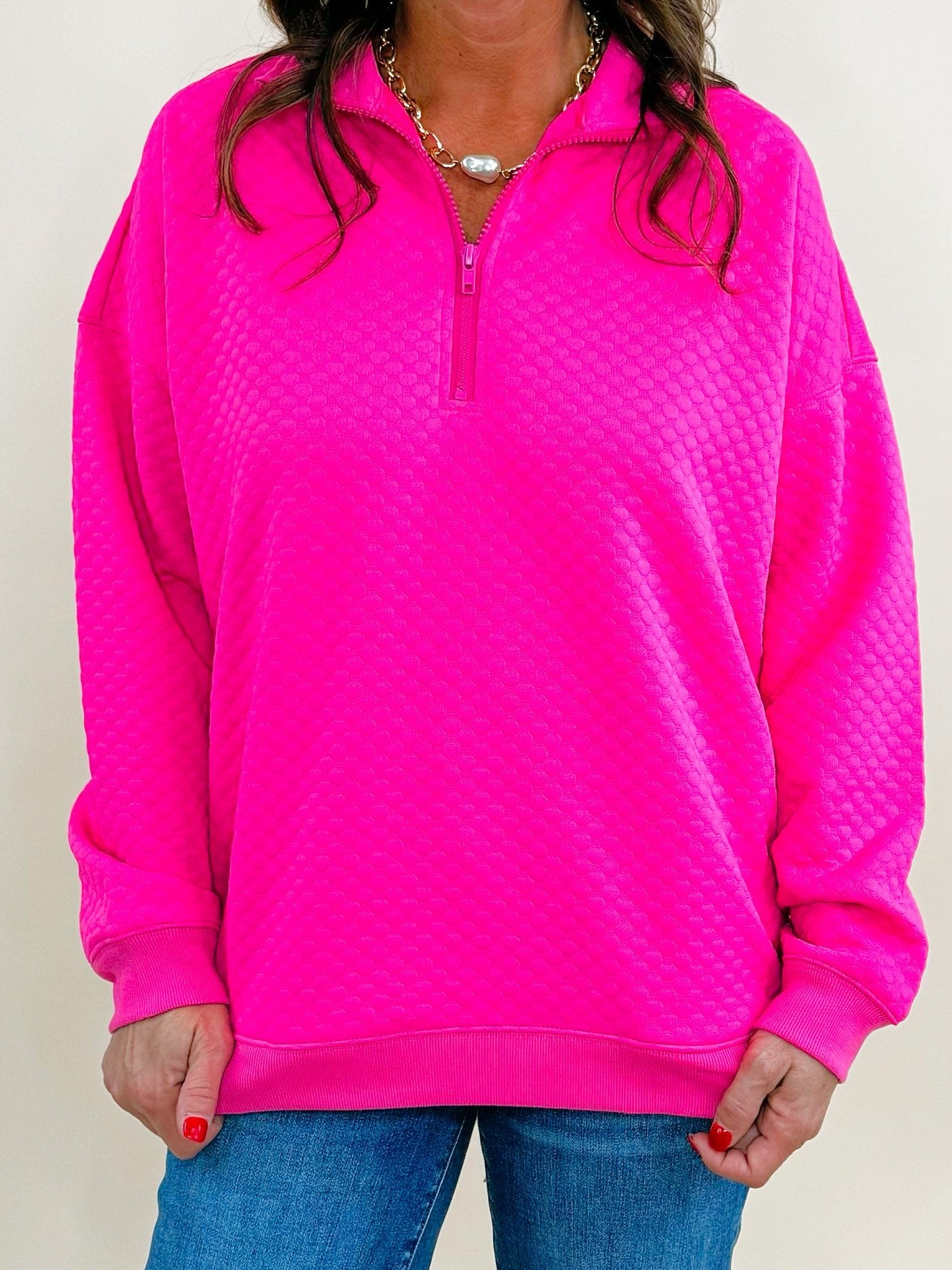 Hot Shot Pink Textured Half Zip Pullover - Jessi Jayne Boutique