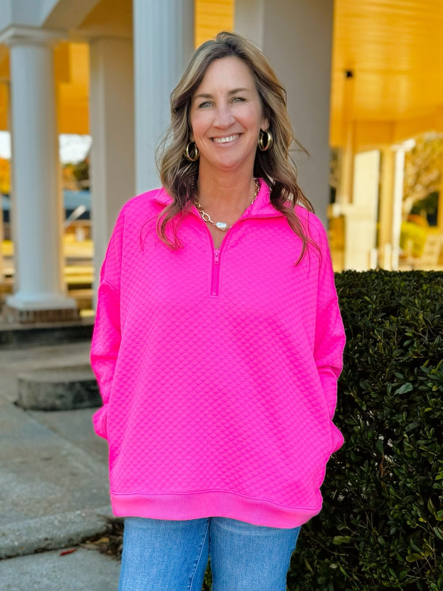 Hot Shot Pink Textured Half Zip Pullover - Jessi Jayne Boutique