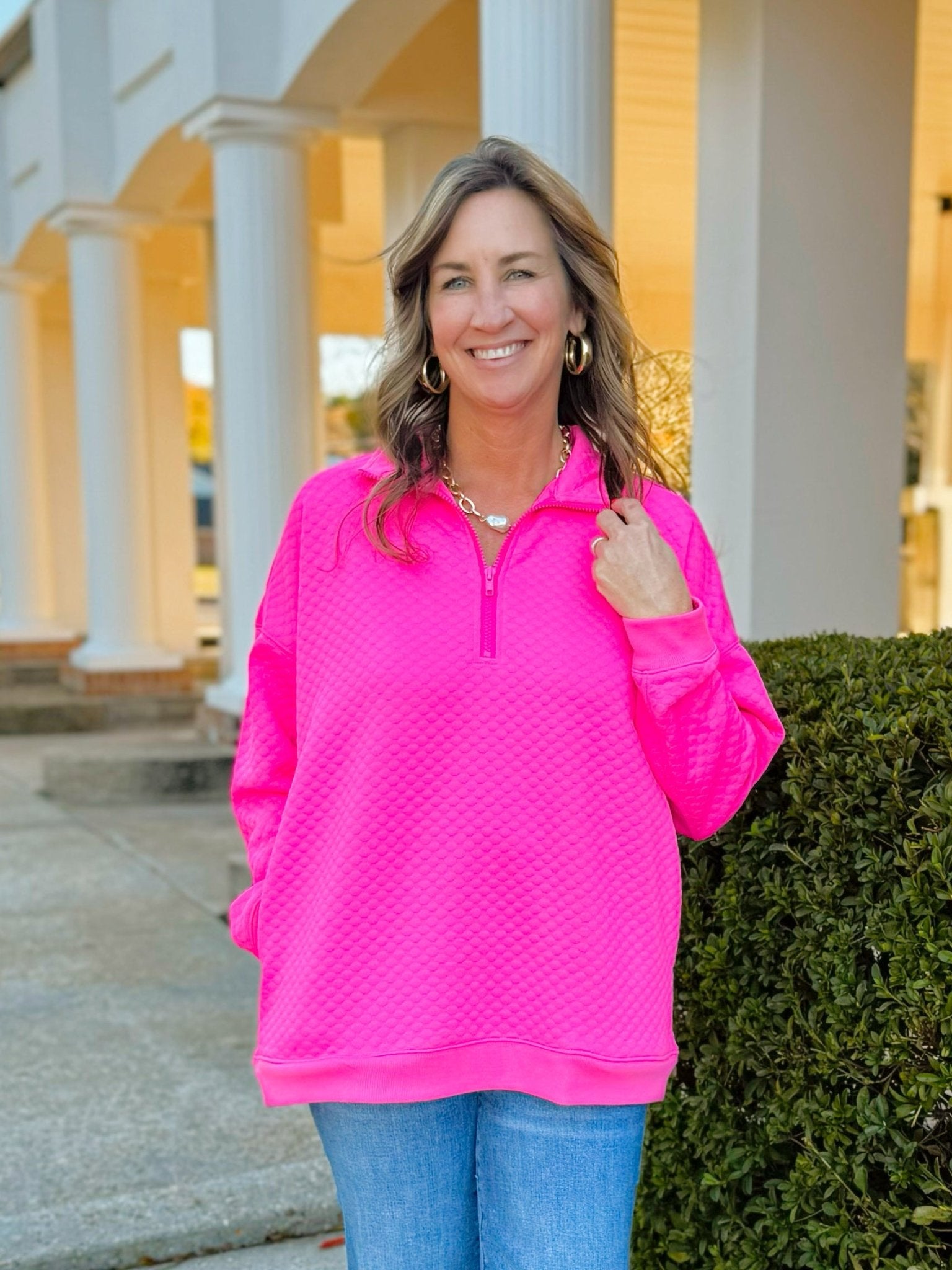 Hot Shot Pink Textured Half Zip Pullover - Jessi Jayne Boutique