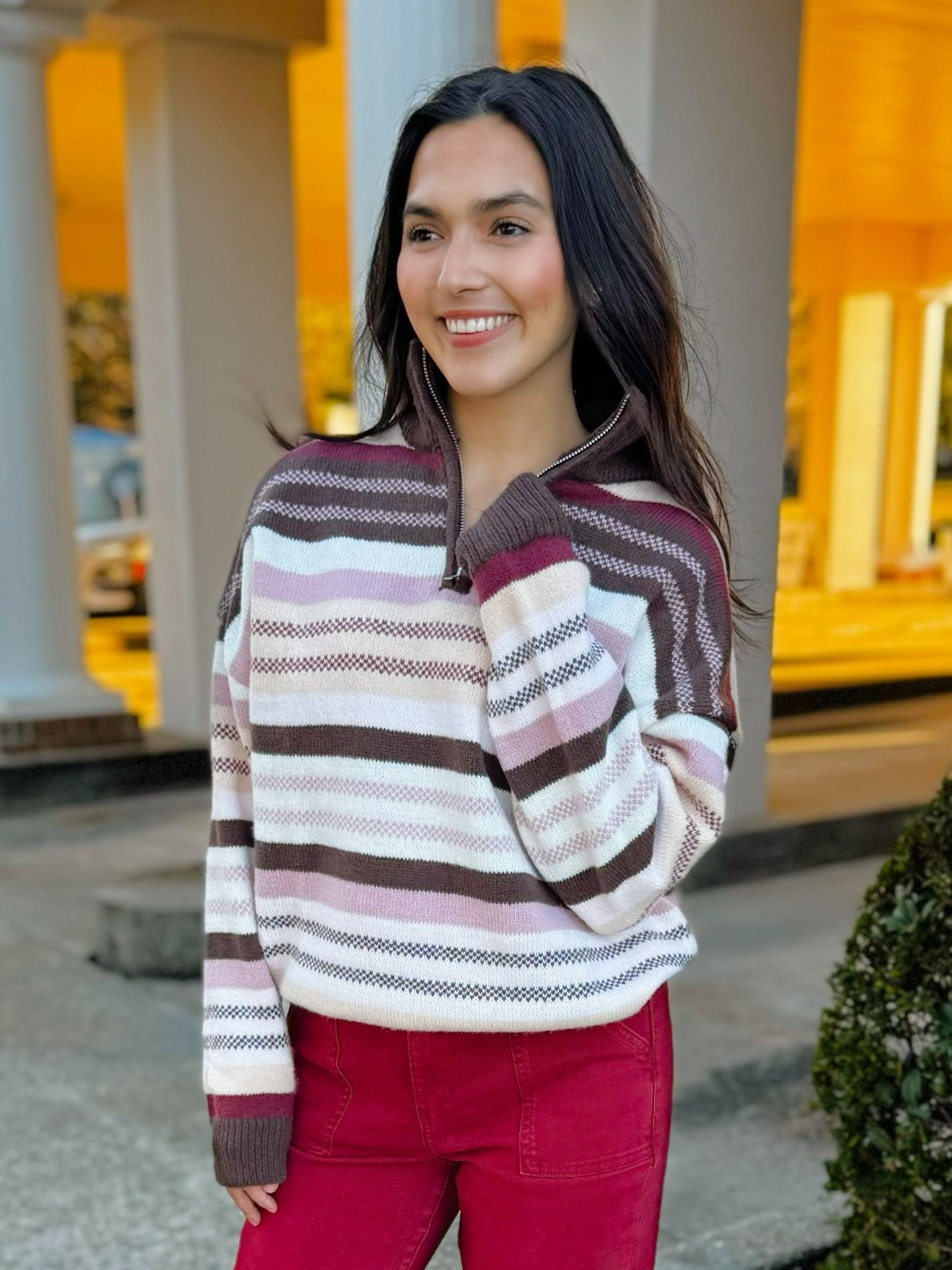 Cocoa Stripe Quarter Zip Sweater - Jessi Jayne Boutique