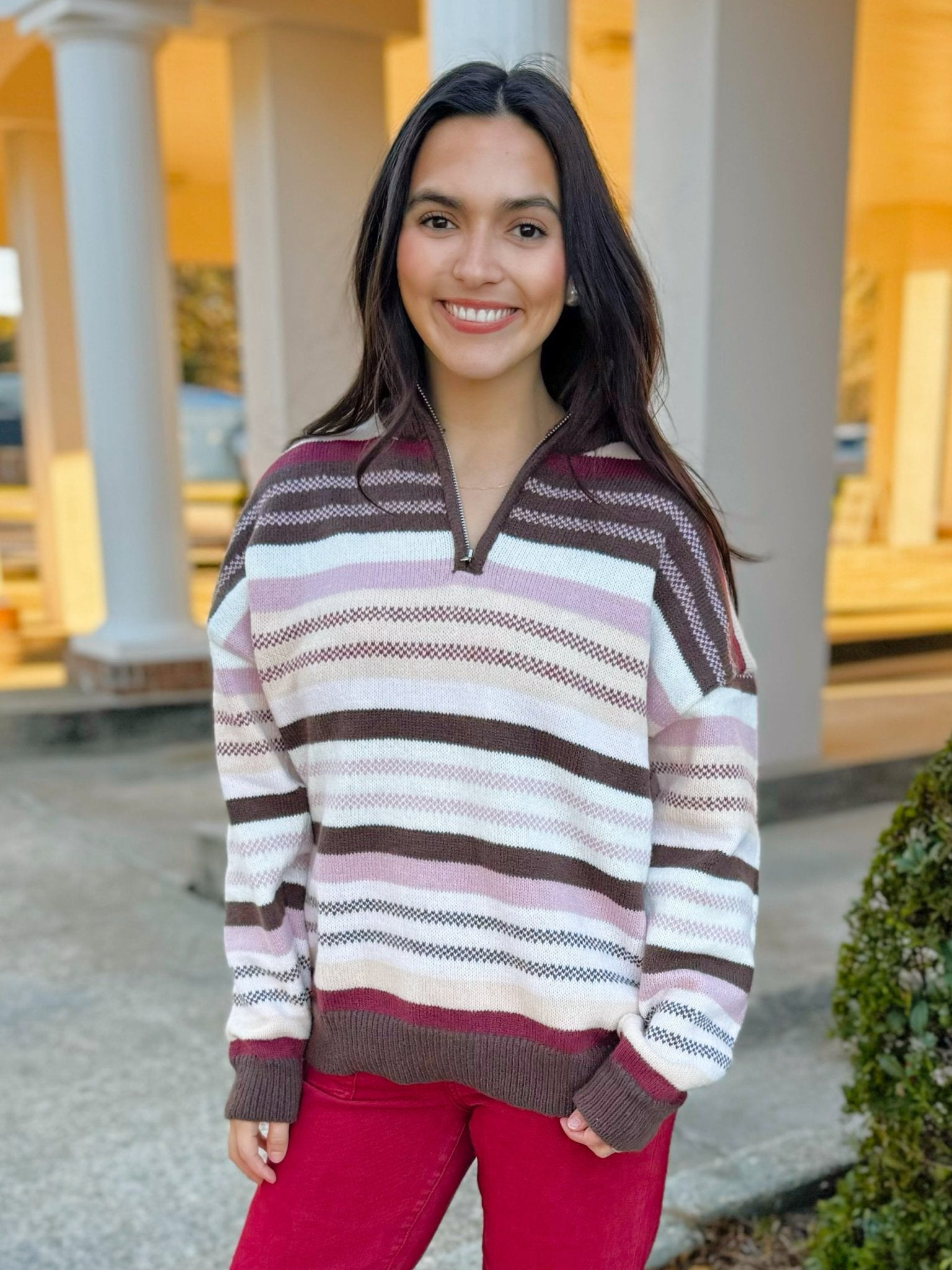 Cocoa Stripe Quarter Zip Sweater - Jessi Jayne Boutique
