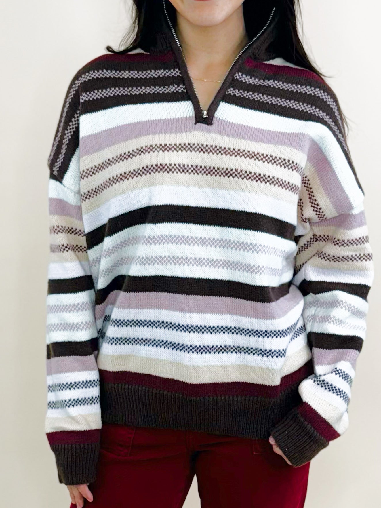 Cocoa Stripe Quarter Zip Sweater - Jessi Jayne Boutique