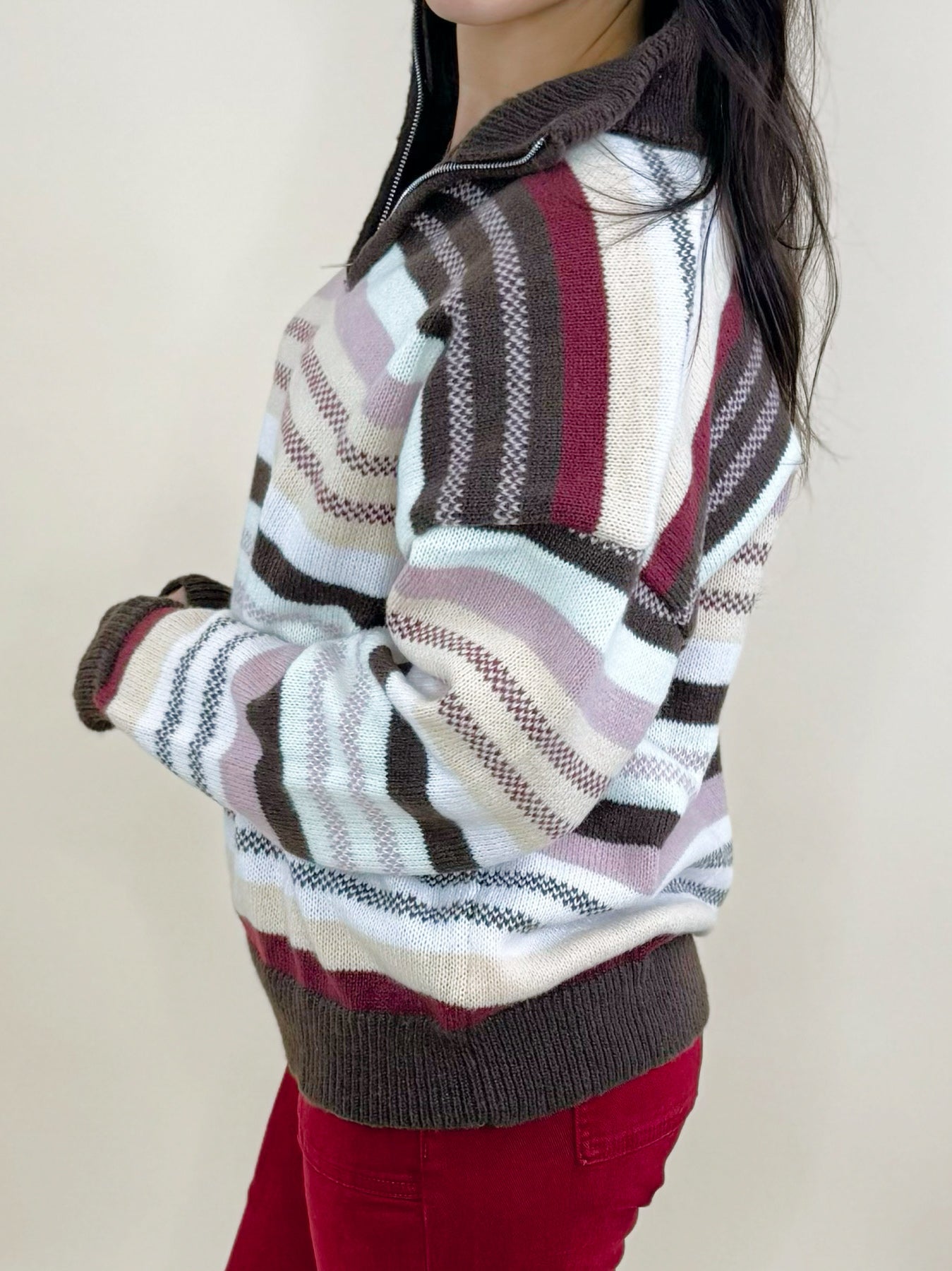 Cocoa Stripe Quarter Zip Sweater - Jessi Jayne Boutique