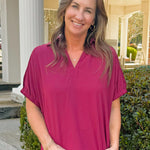 Burgundy Luxe Split Collar Top - Jessi Jayne Boutique