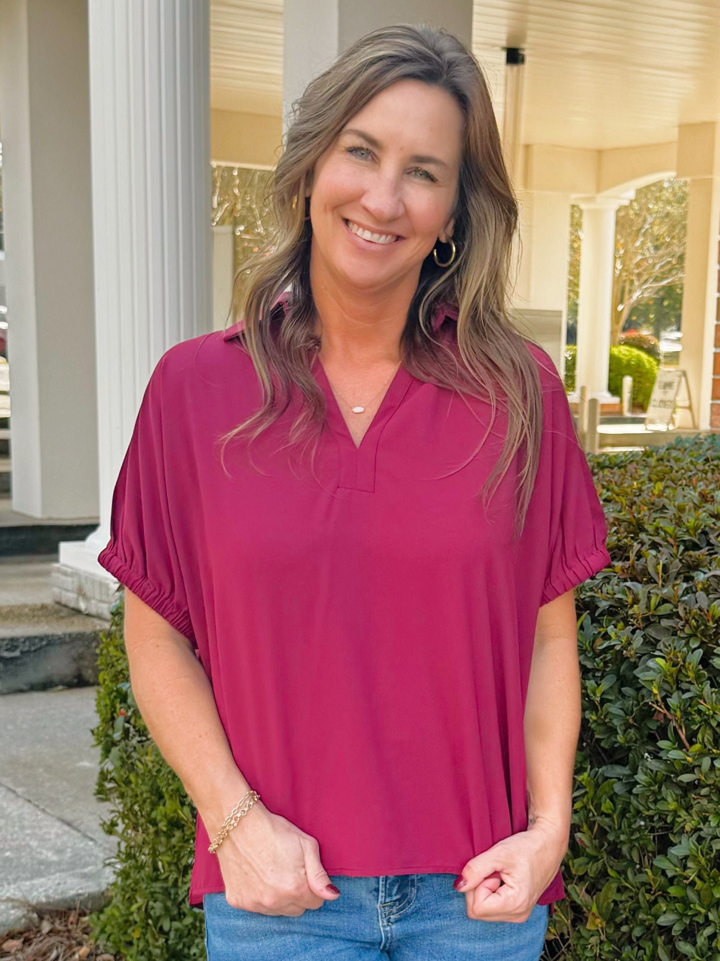 Burgundy Luxe Split Collar Top - Jessi Jayne Boutique