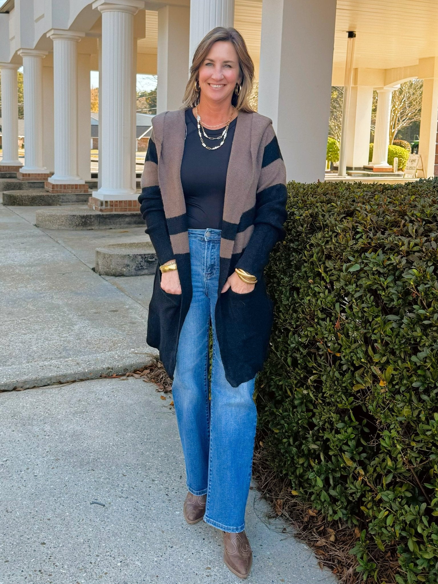 Color Block Mocha Stripe Hooded Cardigan - Jessi Jayne Boutique