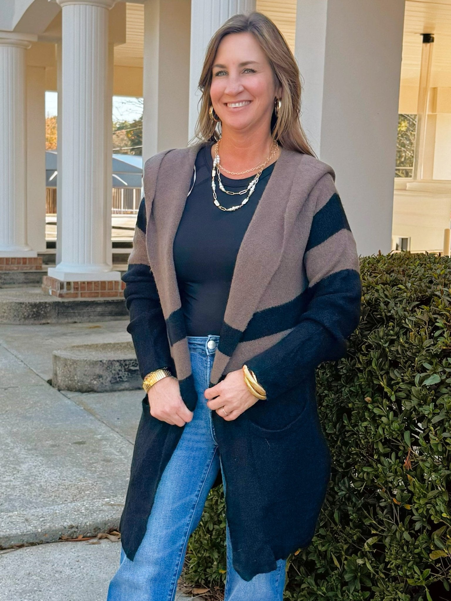 Color Block Mocha Stripe Hooded Cardigan - Jessi Jayne Boutique