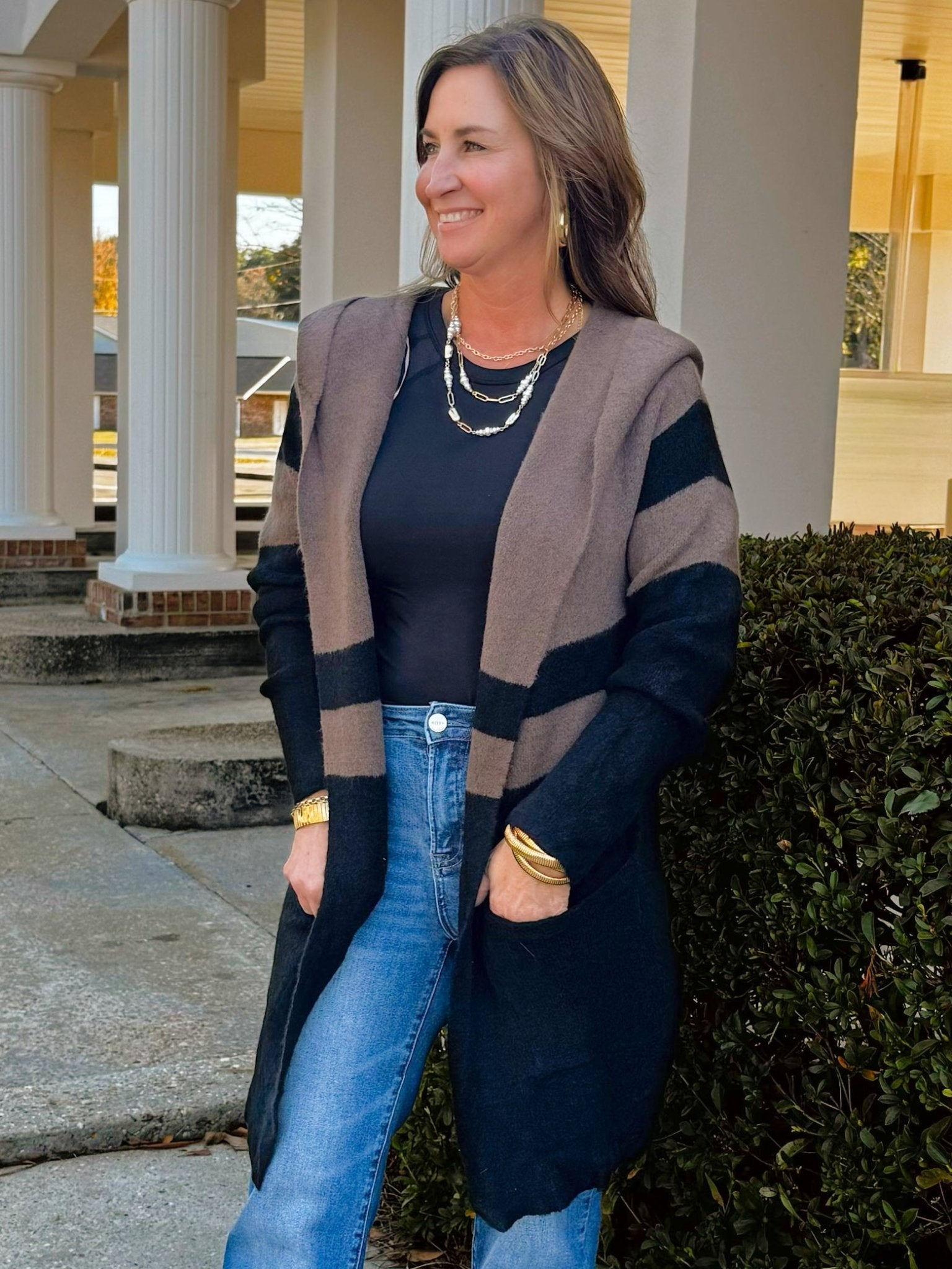 Color Block Mocha Stripe Hooded Cardigan - Jessi Jayne Boutique