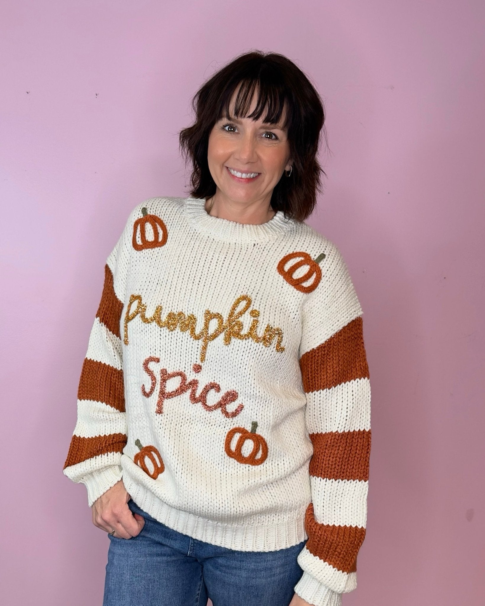 Pumpkin Spice Ivory Knit Stripe Sleeve Sweater Top - Jessi Jayne Boutique
