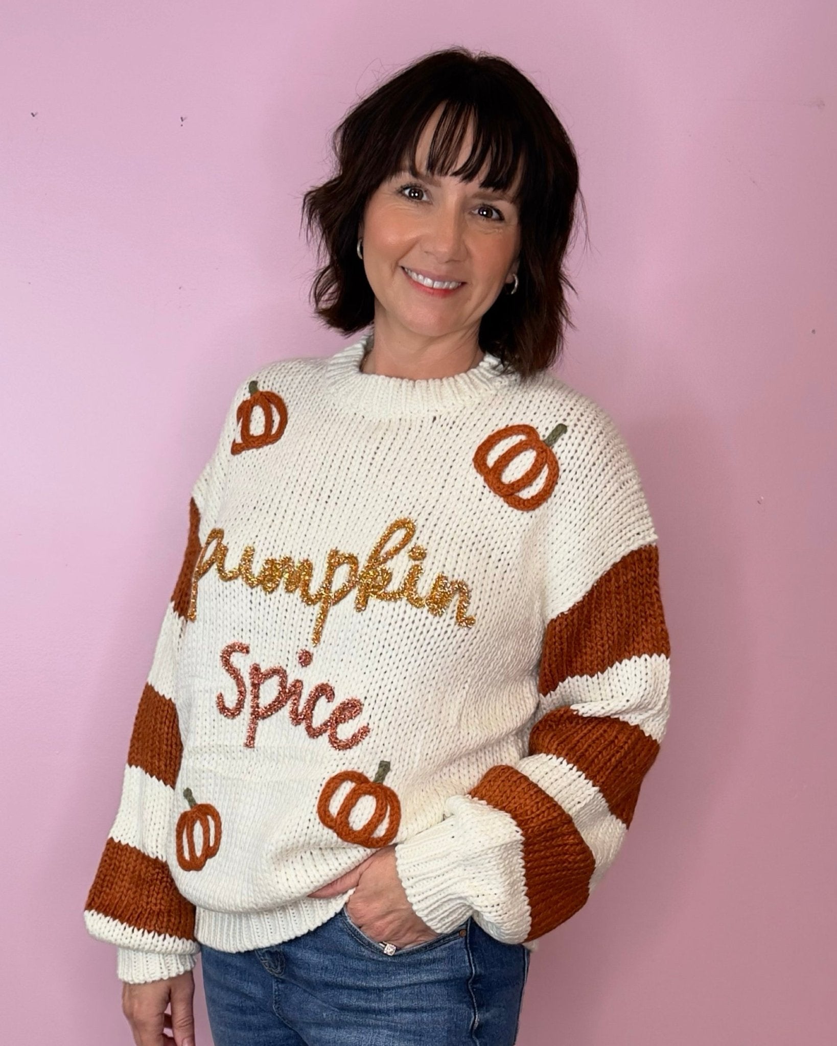 Pumpkin Spice Ivory Knit Stripe Sleeve Sweater Top - Jessi Jayne Boutique