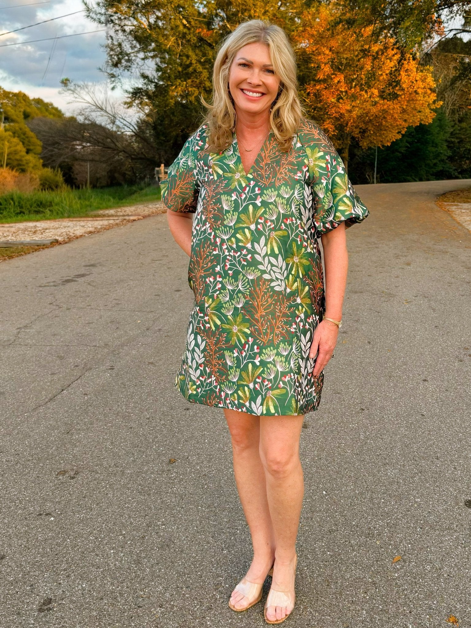 Evergreen Botanical Puff Sleeve Dress - Jessi Jayne Boutique