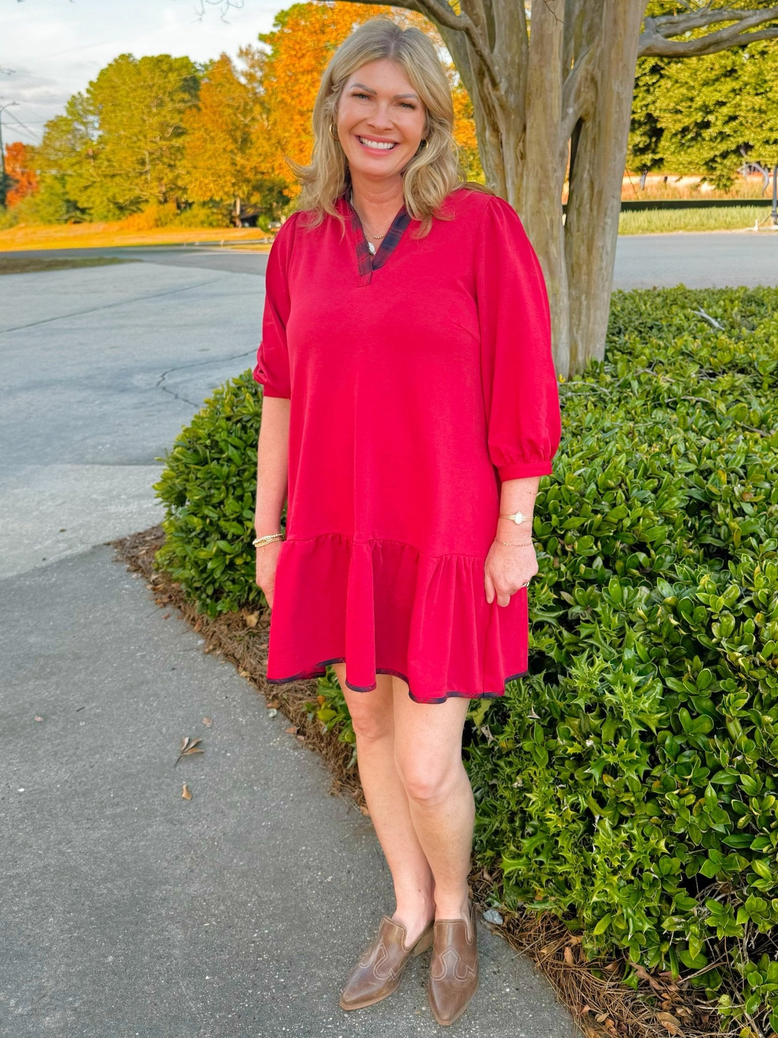 Wine and Wander Plaid Trim Dress - Jessi Jayne Boutique