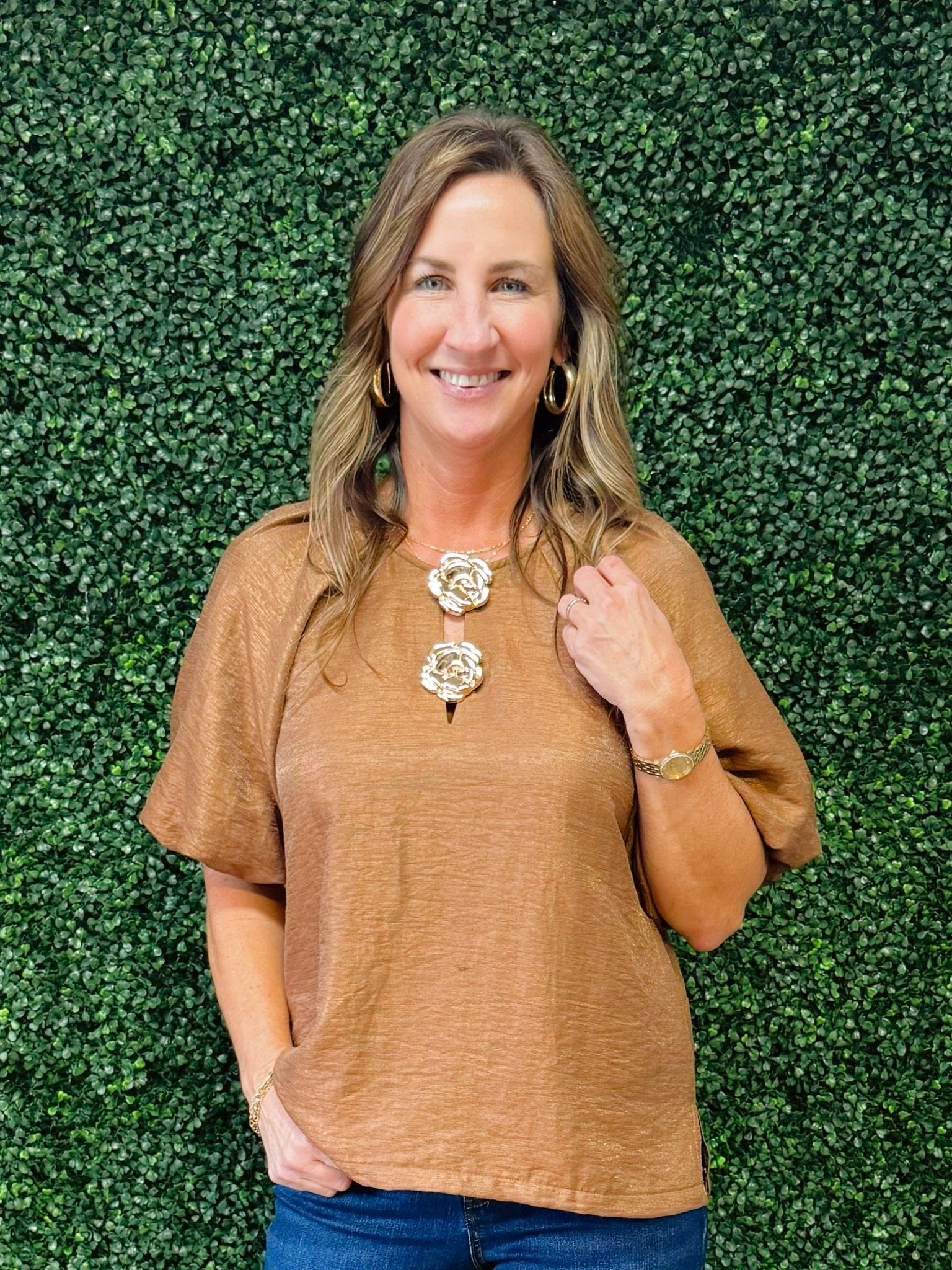 Bronze Bloom Gold Button Top - Jessi Jayne Boutique