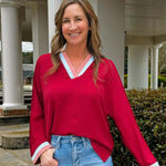 Burgundy Contrast V - Neck Top - Jessi Jayne Boutique