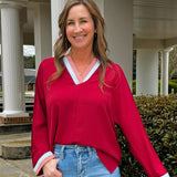 Burgundy Contrast V - Neck Top - Jessi Jayne Boutique