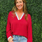 Burgundy Contrast V - Neck Top - Jessi Jayne Boutique