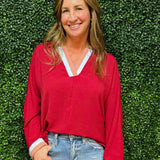 Burgundy Contrast V - Neck Top - Jessi Jayne Boutique