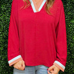 Burgundy Contrast V - Neck Top - Jessi Jayne Boutique