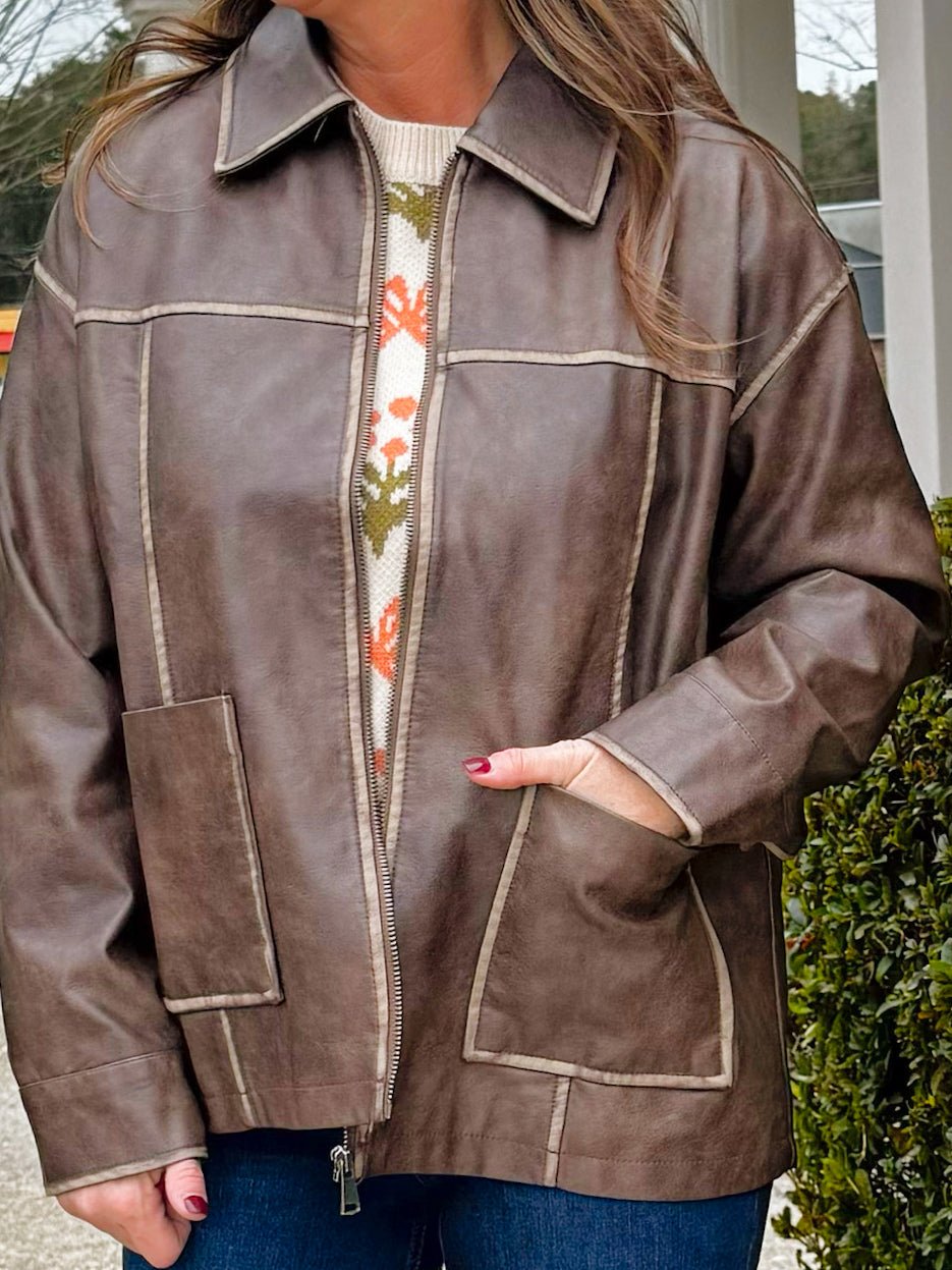 Urban Washed Brown Faux Leather Jacket - Jessi Jayne Boutique