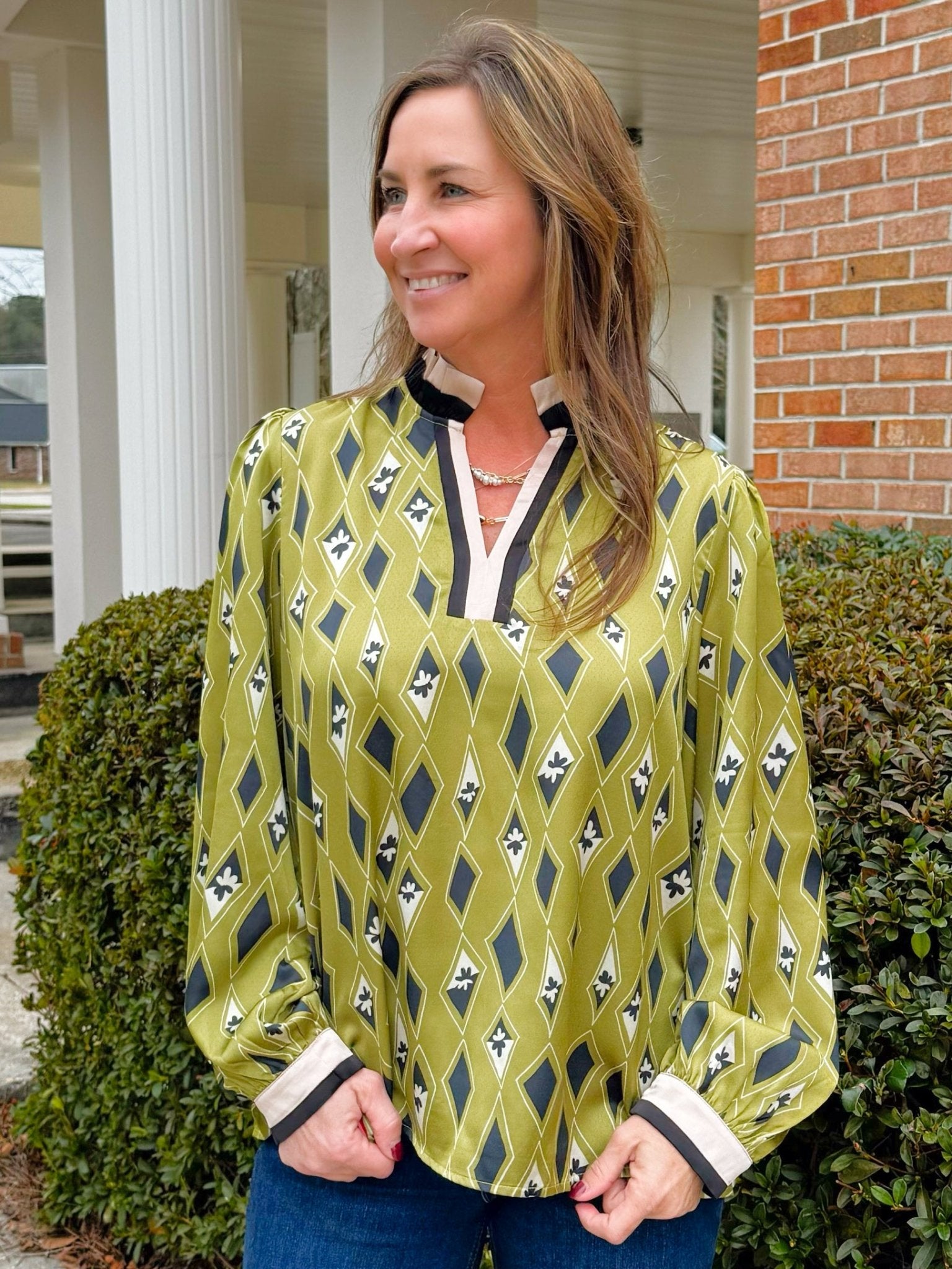 Green Mosaic Mock Neck Top - Jessi Jayne Boutique