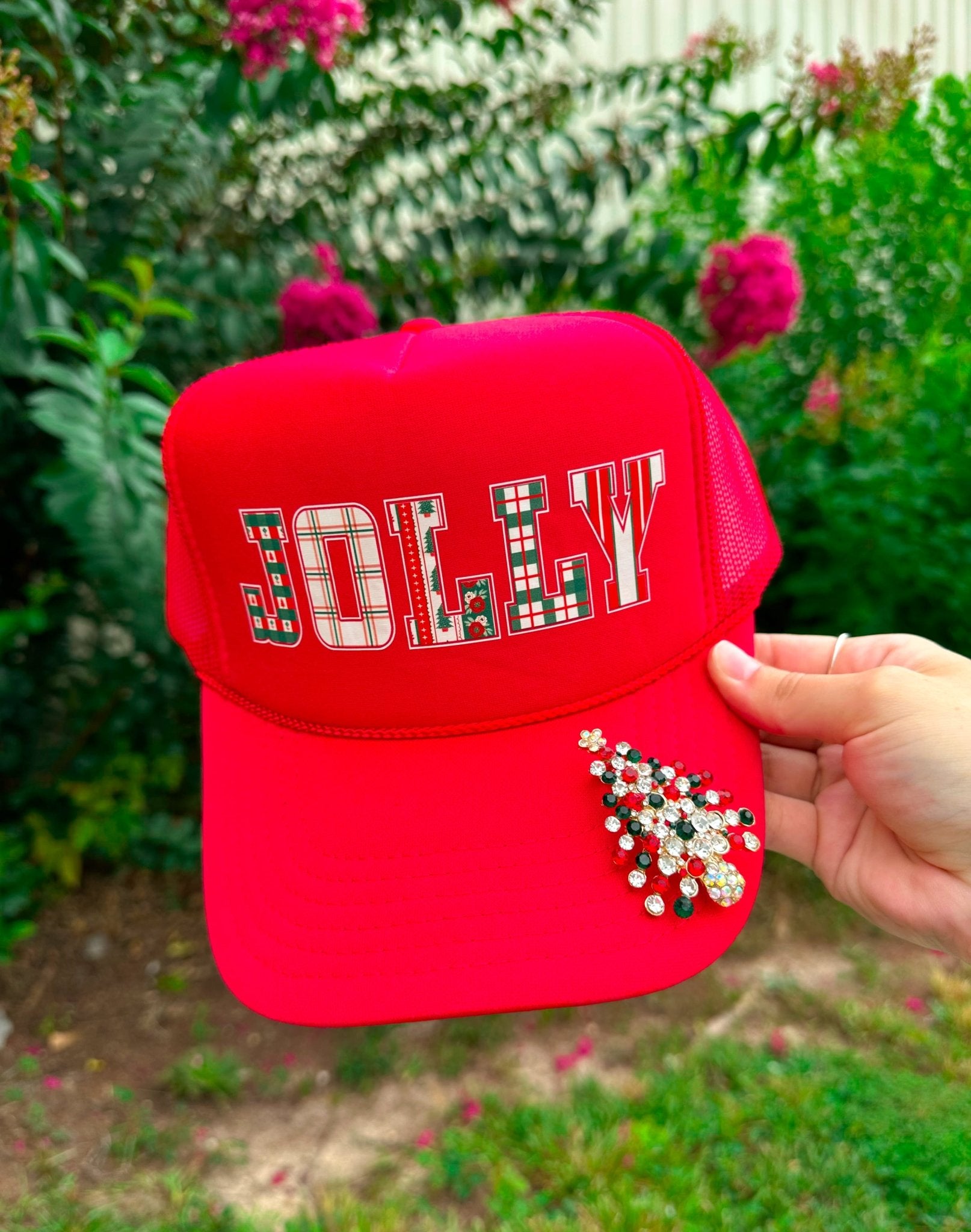 JOLLY (plaid font) Red Trucker Hat - Jessi Jayne Boutique