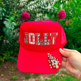 JOLLY (plaid font) Red Trucker Hat - Jessi Jayne Boutique