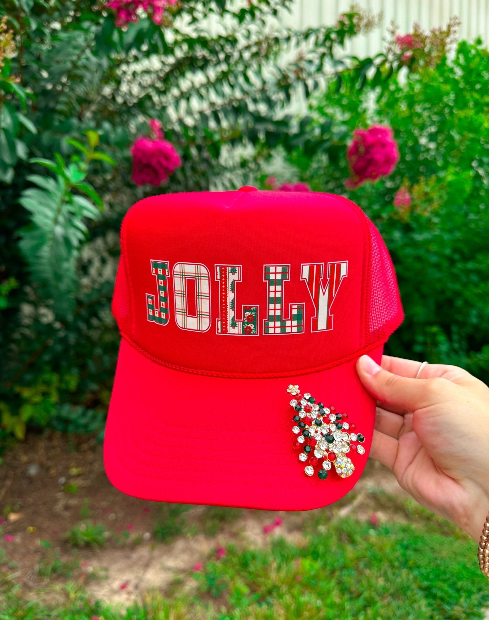 JOLLY (plaid font) Red Trucker Hat - Jessi Jayne Boutique