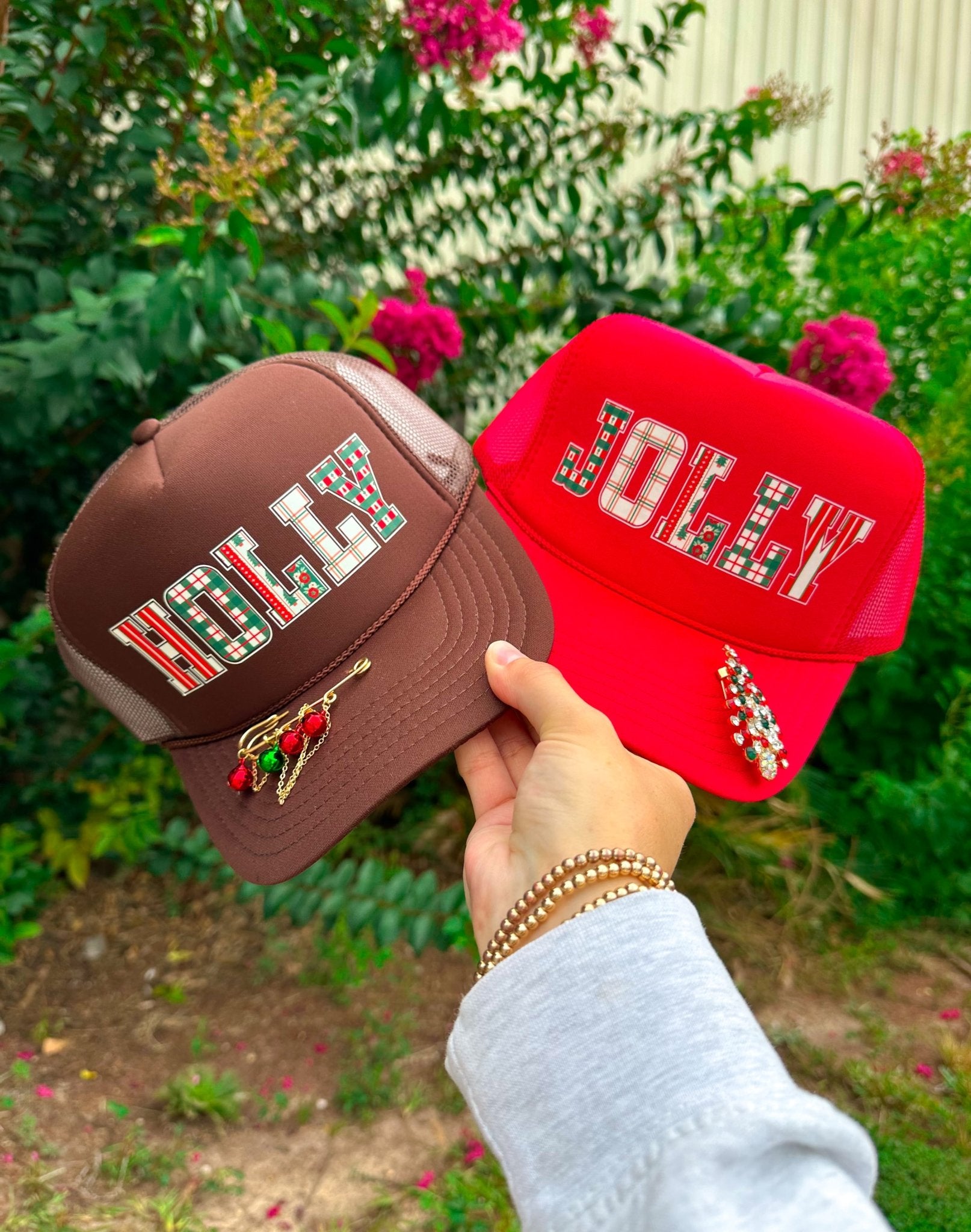 JOLLY (plaid font) Red Trucker Hat - Jessi Jayne Boutique