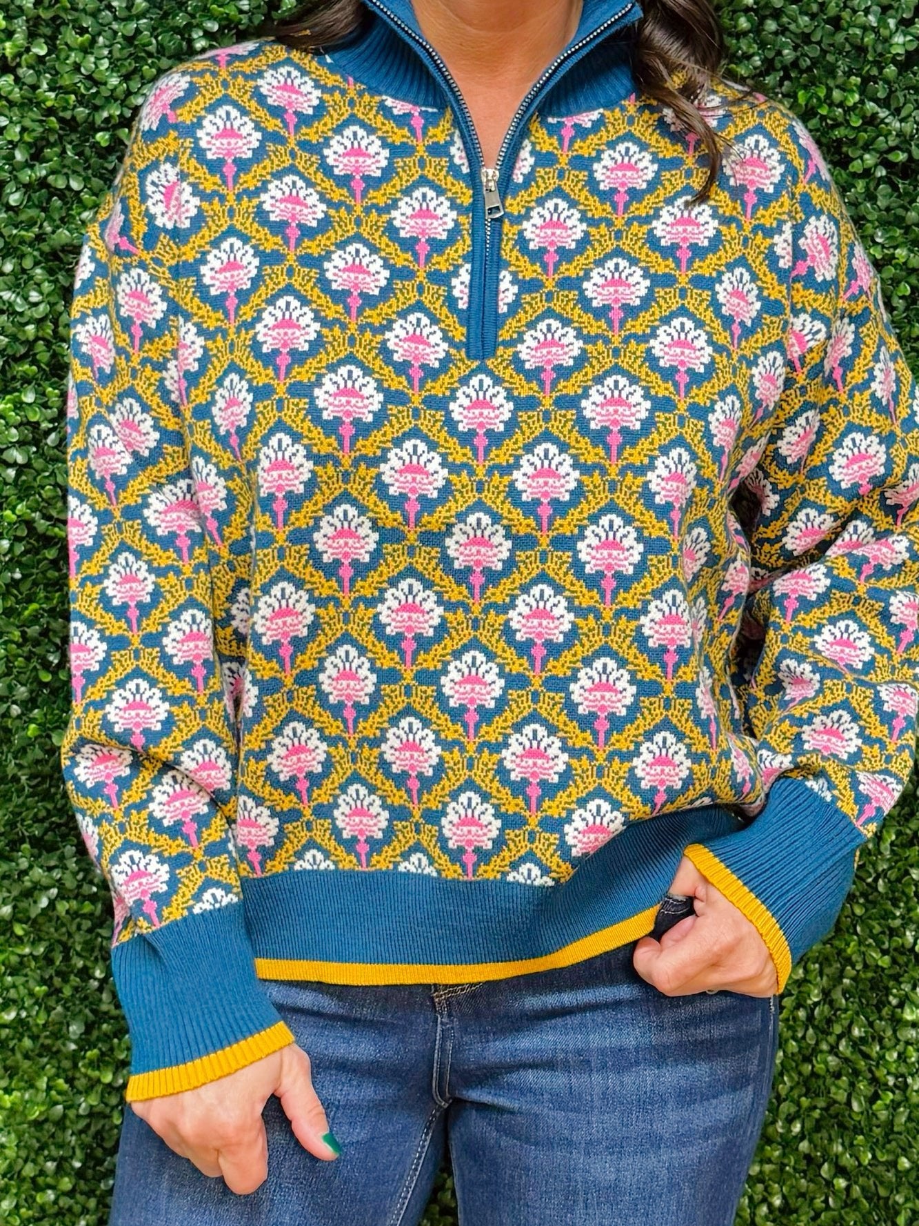 Vintage Garden Half Zip Pullover Sweater - Jessi Jayne Boutique