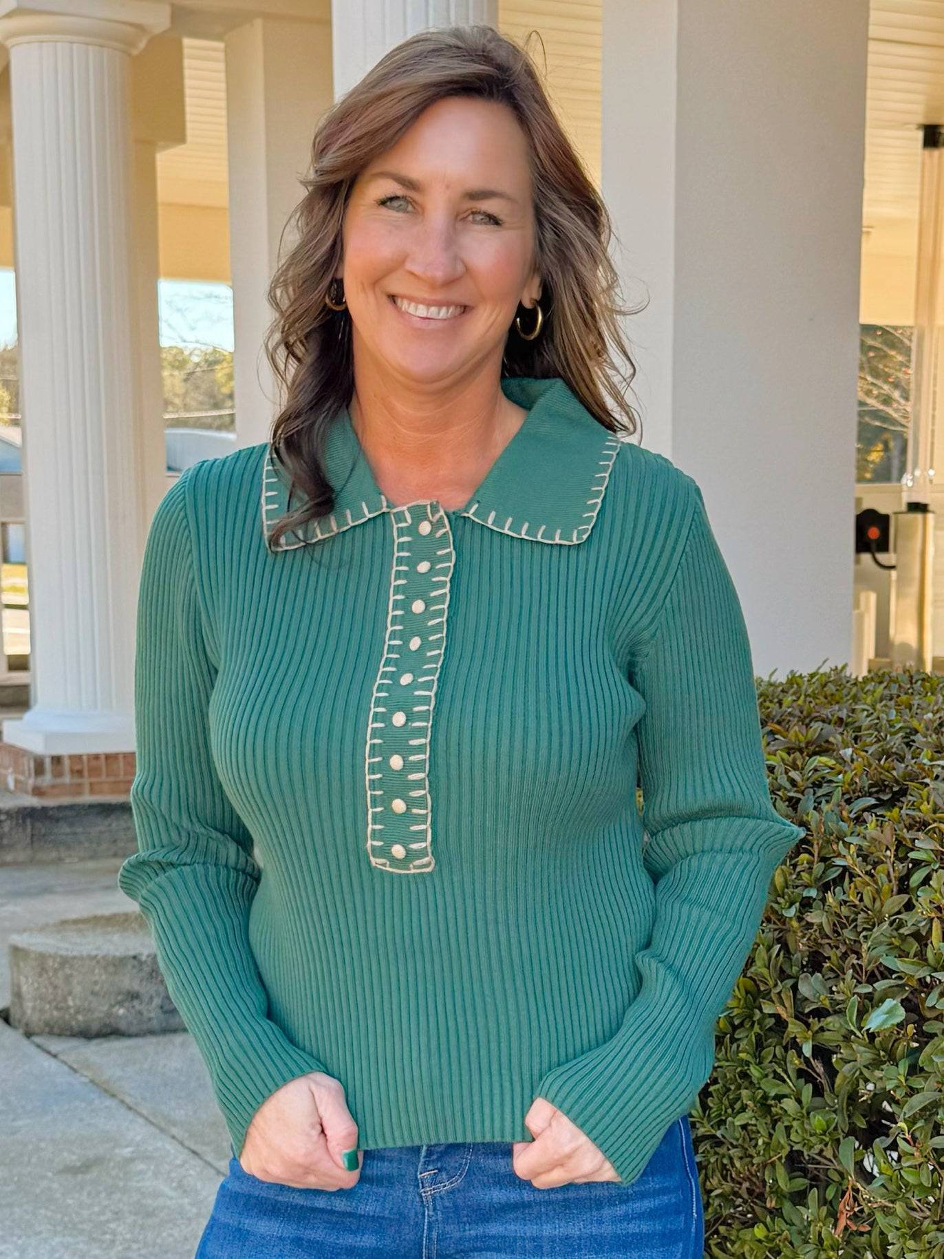 Evergreen Stitch Collared Sweater Top - Jessi Jayne Boutique