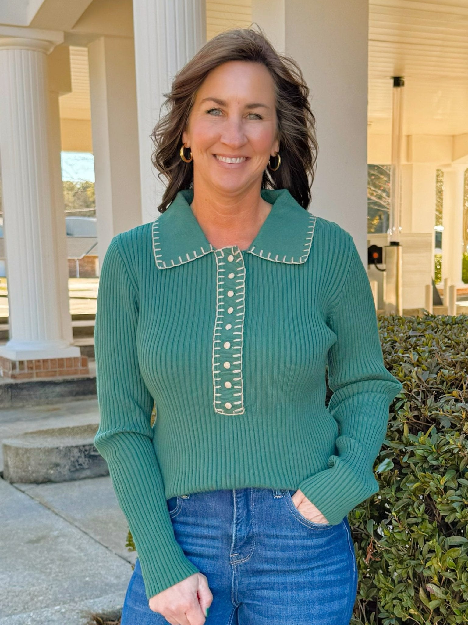 Evergreen Stitch Collared Sweater Top - Jessi Jayne Boutique