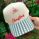 Just A Girl Who Loves Christmas Green Striped & Red Hearts Canvas Trucker Hat - Jessi Jayne Boutique