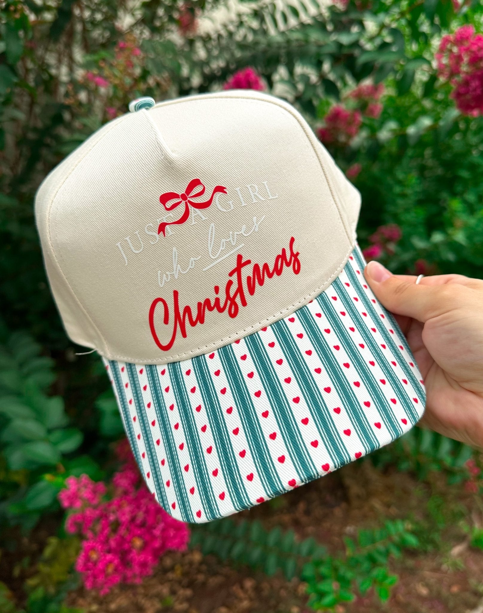 Just A Girl Who Loves Christmas Green Striped & Red Hearts Canvas Trucker Hat - Jessi Jayne Boutique