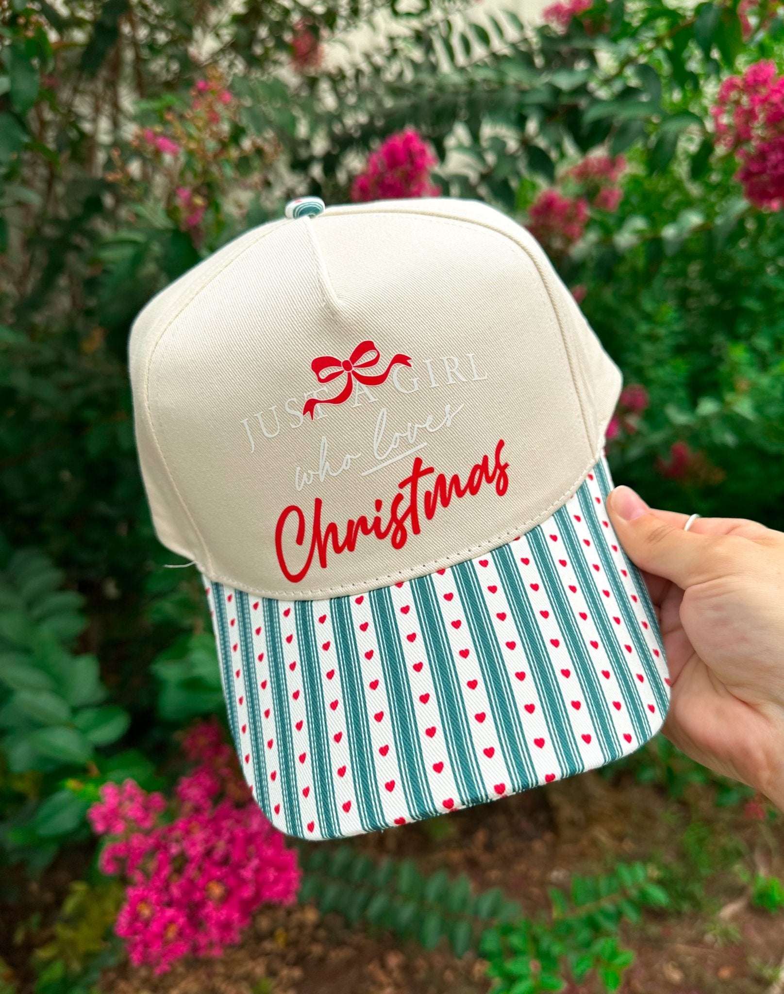 Just A Girl Who Loves Christmas Green Striped & Red Hearts Canvas Trucker Hat - Jessi Jayne Boutique