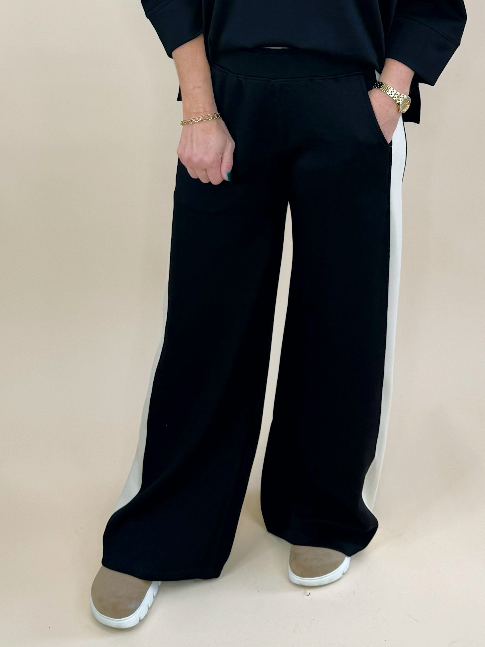 Black Scuba Side Stripe Wide - Leg Pants - Jessi Jayne Boutique
