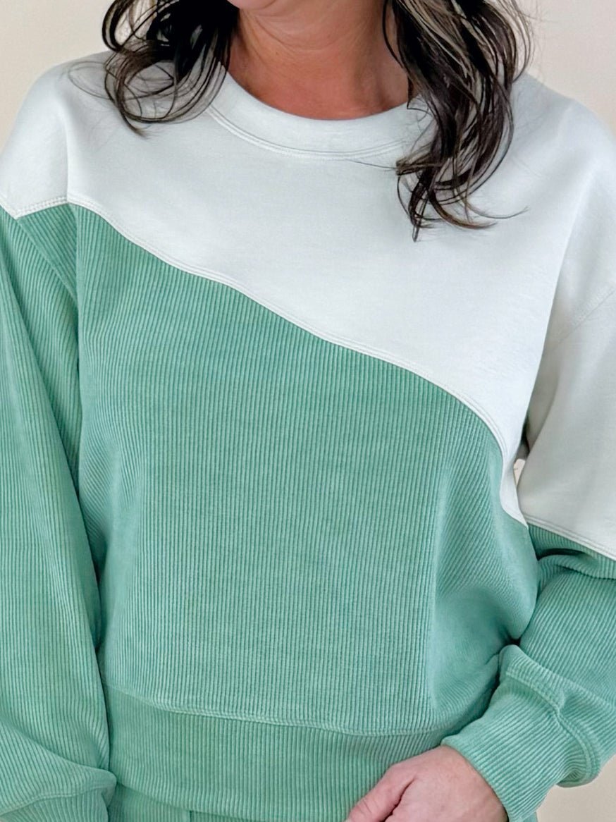 Pistachio Asymmetrical Corduroy Pullover Sweatshirt - Jessi Jayne Boutique