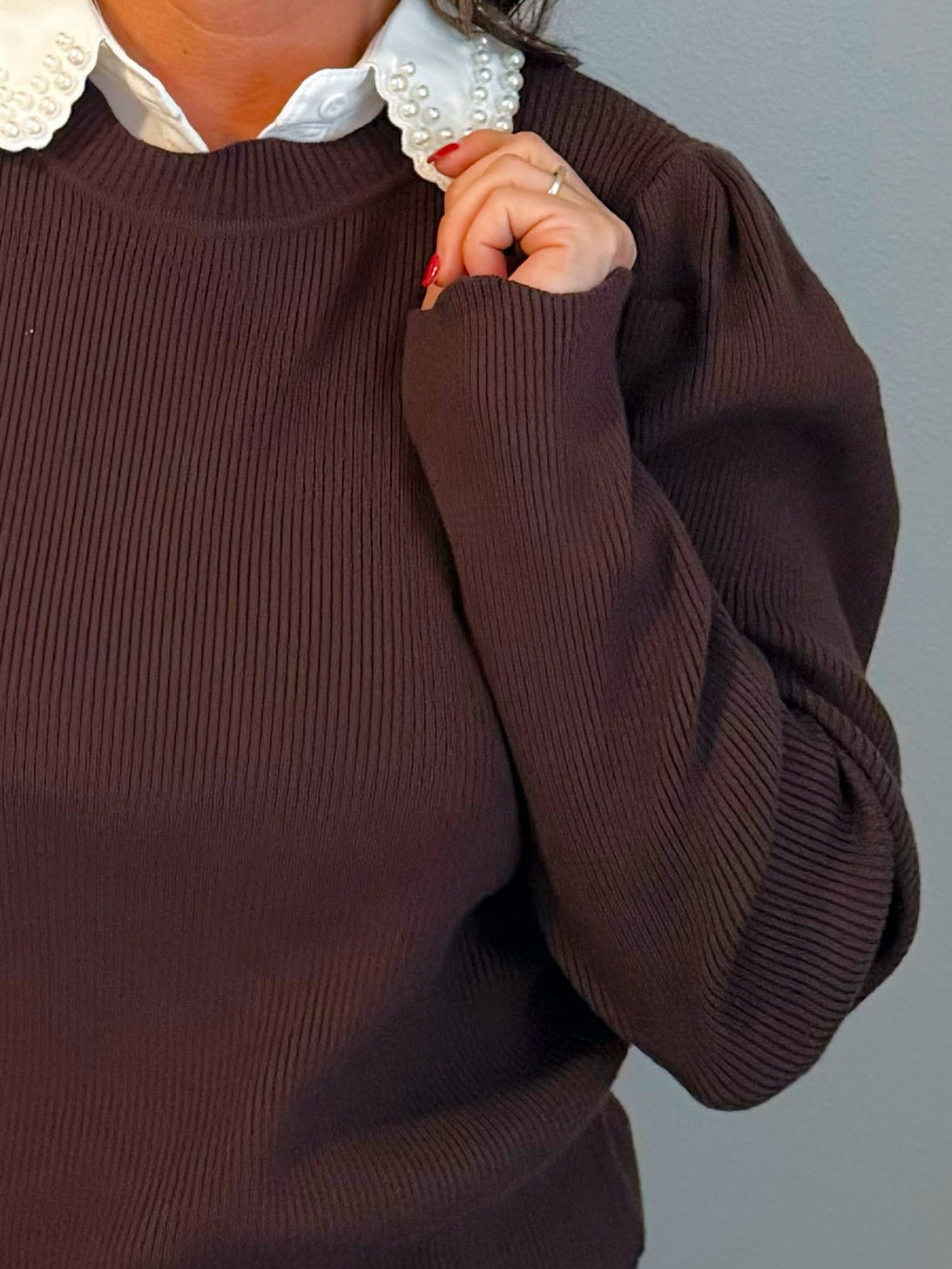 Chocolate Scallop Edge Puff Sleeve Knit Top - Jessi Jayne Boutique