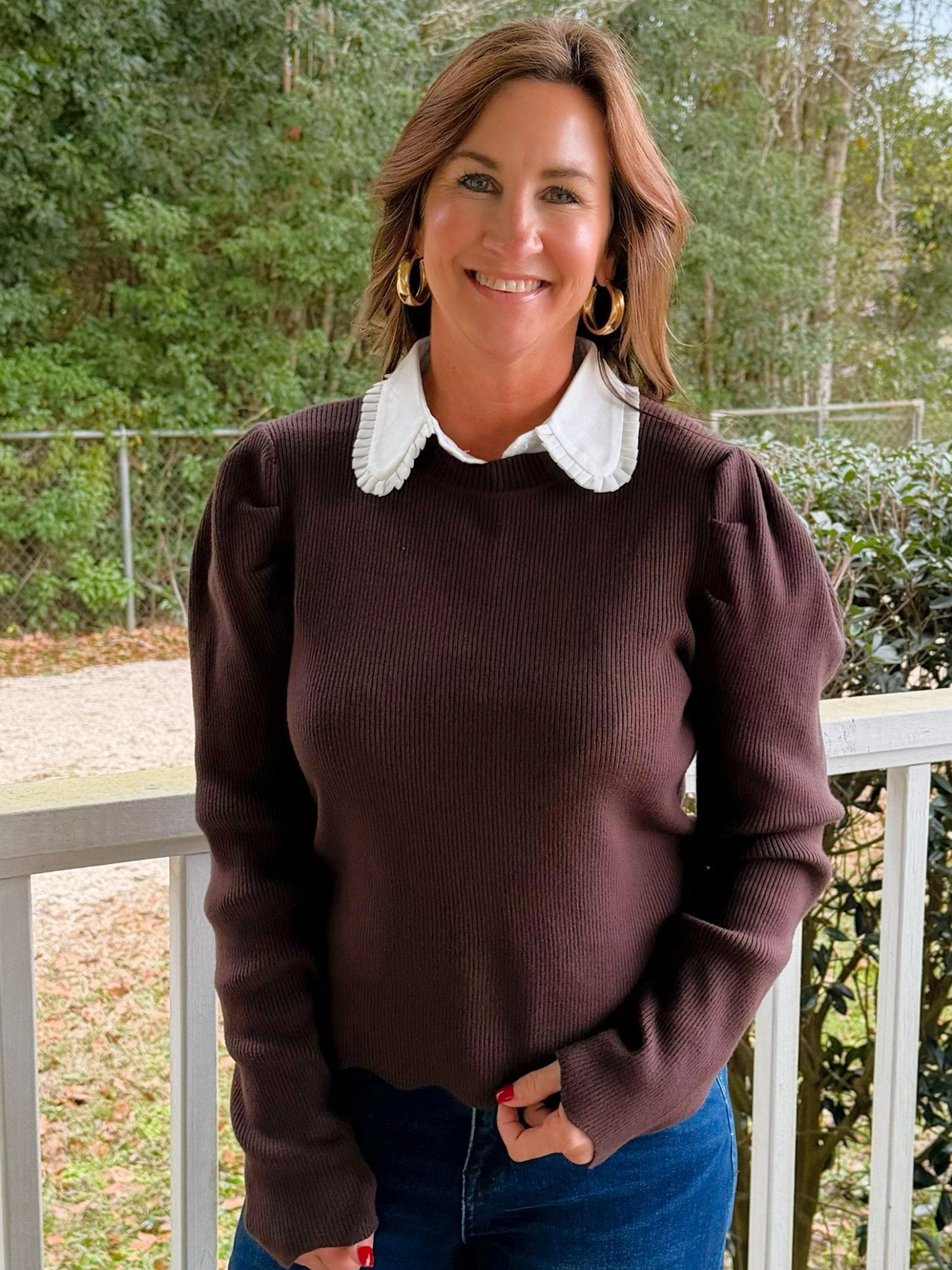 Chocolate Scallop Edge Puff Sleeve Knit Top - Jessi Jayne Boutique