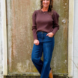 Chocolate Scallop Edge Puff Sleeve Knit Top - Jessi Jayne Boutique