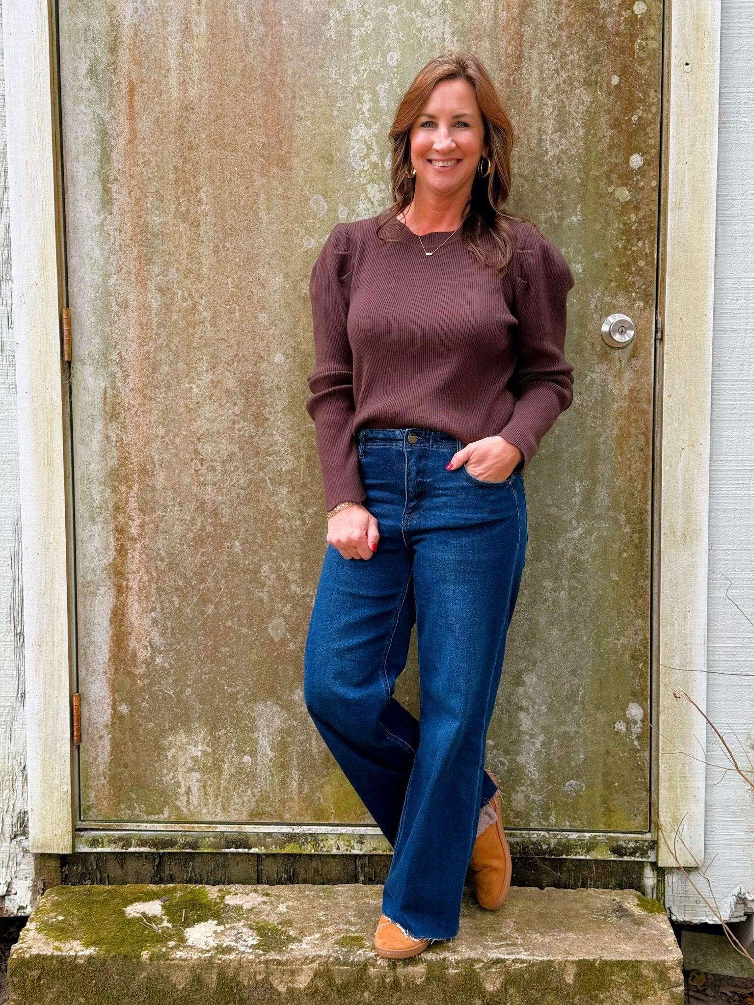 Chocolate Scallop Edge Puff Sleeve Knit Top - Jessi Jayne Boutique