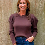 Chocolate Scallop Edge Puff Sleeve Knit Top - Jessi Jayne Boutique