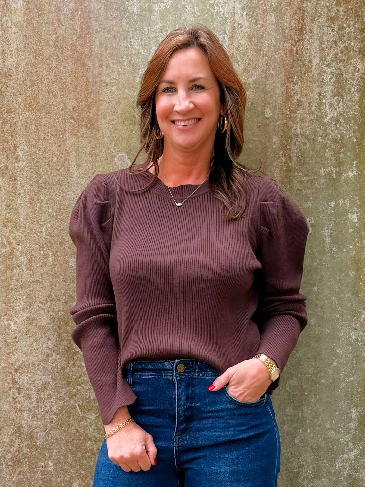 Chocolate Scallop Edge Puff Sleeve Knit Top - Jessi Jayne Boutique